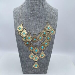 Express Gold-Tone Bohemian Turquoise-Colored Teardrop Statement Bib Necklace
